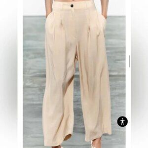 Zara Beige Wide Leg Pleated Trouser Pants